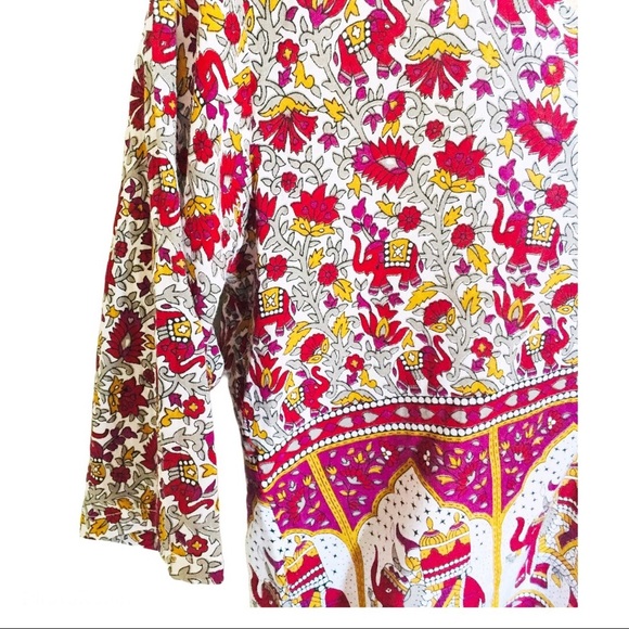 BOHO Vintage Floral Elephant TUNIC/TOP With 3/4 Length Sleeves Red/Purple Small - Picture 4 of 10